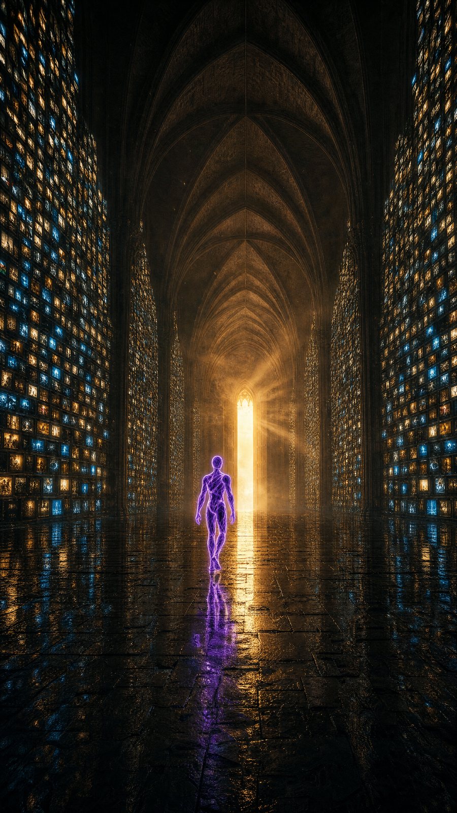 A cathedral of glowing screens with Martin walking toward a golden door