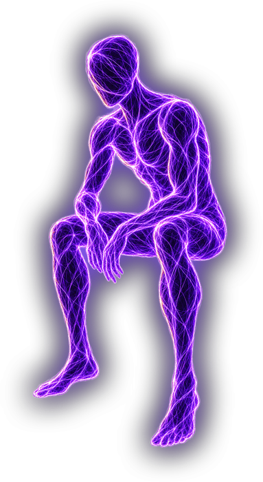 Martin, sitting, made of glowing violet threads